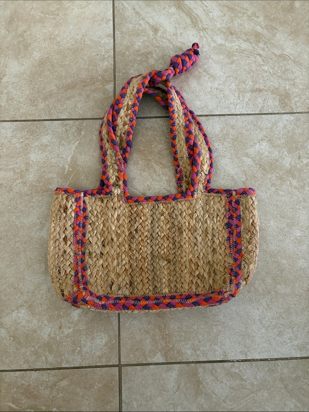 Woven Straw Tote with Pink & Orange Accent Handles